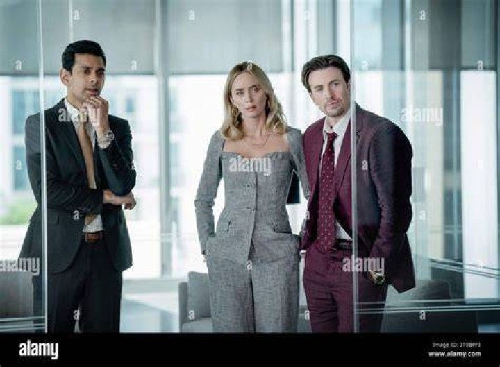 Amit Shah, Emily Blunt, and Chris Evans in 'Pain Hustlers' (2023)